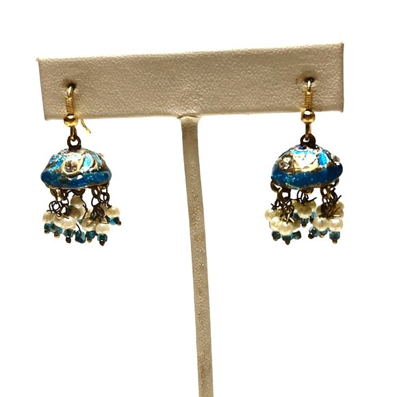 Vintage Blue & Gold Enamel Dangle Jhumka Earrings With Beaded Tassels - Picture 2 of 4